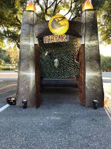 lot 2128 image: Halloween Inflatable Dinosaur Trunk or Treat Car Decorations Kit for SUV Banner - Garage Door Car Decorations Haunted House Car