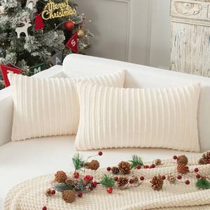 lot 2044 image: Kevin Textile Set of 2 Oblong Pillow Covers Christmas Plush Striped Corduroy Velvet Rectangular Lumbar Throw Pillow Case 12x20 Cushion Cover for Chair, 30 x 50cm, Creamy White
