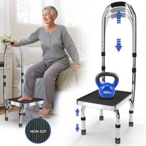 lot 2069 image: JJ CARE Step Stool with Handle for Elderly (300 lbs. Capacity), Adjustable Step Stools for Adults with Handrail, Non-Slip Heavy Duty Height Adjustable and Steel Frame Platform for high beds