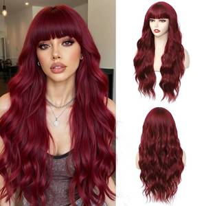 lot 2160 image: Angzon Burgundy Wig With Bangs Long Wavy Wine Red Wigs for Women 26 Inch Curly Wavy Wig With Bangs Natural Looking Synthetic Heat Resistant Fiber Wig for Daily Party Use