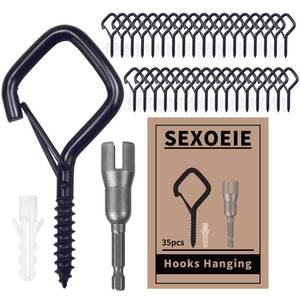 lot 2162 image: Sexoeie 35 PCS Eye Screw Hooks for Hanging Heavy Duty with Safety Buckle.Metal Ceiling Hooks for Hanging Plants,Cup,Wind Chime,Bird Feeders,Christmas String Lights at Indoor&Outdoor,2.36 Inches Black