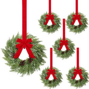 lot 2174 image: 6 Pcs Small Christmas Norfolk Wreaths 15 Inch Christmas Kitchen Cabinet Mini Wreath Real Touch with Bow Ribbon Cedar Red Berry for Xmas Front Door Window Chair Fireplace Table Pillar Farmhouse Decor