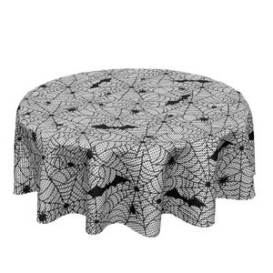 lot 10197 image: Sweetshow Halloween Bat Table Cloth Round Black and White Spider Web Tablecloth 60 Inch Decor Washable Stain and Wrinkle Resistant Round Table Cover for Dining Party Picnic