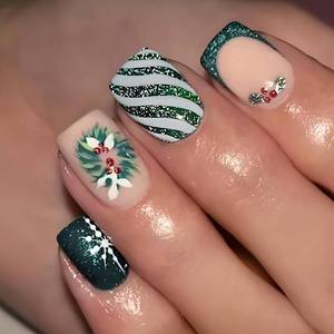 lot 10203 image: Vopintpy Winter Xmas Press on Nails Short Square Snowflake Fake Nails Christmas French Tip False Nail Glossy Green White Stripe Acrylic Glue on Nail for Women DIY Manicure Decor