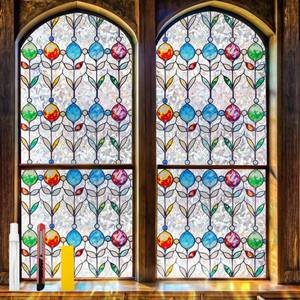 lot 10208 image: Countewol Rainbow Privacy Window Film Stained Glass Style Adhesive-Free Residue-Free Reusable Easy to Install with Tools (Rainbow StainFlair, 17.5 X 78.7 in)
