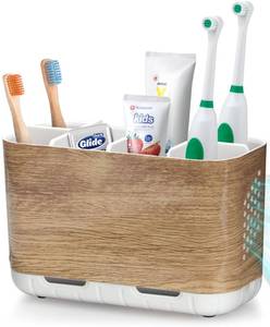 lot 10209 image: Boperzi Toothbrush and Toothpaste Holder Wood Grain for Bathroom Countertop with Adjustable Dividers, Toothpaste Caddy Organizer Storage Rustic Decor Set Freestanding Anti-Slip for Shower,Family,Kids