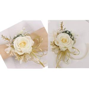 lot 10221 image: USIX 2pc Pack-Handmade Artificial Flower Rose with Gold Leaves Ribbons Artificial Pearls Wrist Corsage & Mens Lapel Boutonniere Pin Combo Set Package for Wedding Party Prom Homecoming (Corsage Pack)