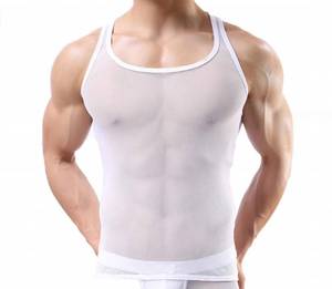 lot 10239 image: Ouye Mens Mesh See-through Tank Top Vest , White, US M - (Tag Asian XXL)