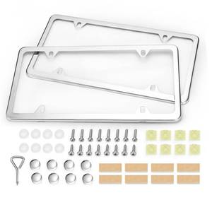 lot 10249 image: Ohuhu License Plate Frames, 2 Pcs 4 Holes Slim Stainless Steel Polish Mirror License Plate Frame  Chrome Screw Caps (Silver)