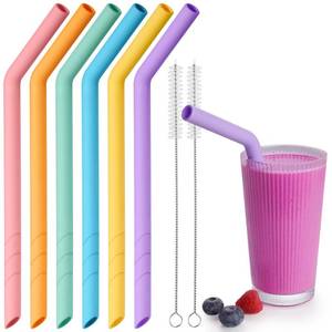 lot 10336 image: NiHome 6-Pack Extra Wide Reusable Bent Silicone Straws for Boba, Smoothies, Bubble Tea, Bent Straws Eco-Friendly & Colorful for Thick Drinks, Child-Safe, Customizable Length, 2 Brushes Easy Cleaning