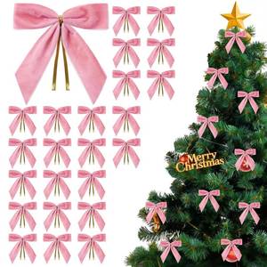 lot 10339 image: 24 Pcs Velvet Christmas Bows for Christmas Trees, 3.54x 3.54inch Rustic Velvet Gift Bow Xmas Tree Bows, Vintage Xmas Ornaments for Wreaths Garlands Holiday Indoor Outdoor Decor (Pink, 1 inch)