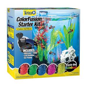 lot 10355 image: Tetra 3 Gallon Small Fish Tank, Aquarium Starter Kit, with Filter, Air pump, &amp Color Changing Light, Half Moon shape, for Gold Fish &amp Betta - Damage