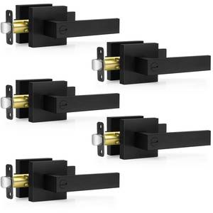 lot 10368 image: Plustool 5 Pack Matte Black Door Handles, Keyless Interior Door Knobs, Privacy Door Lever Locksets for Bedroom Bathroom, Heavy Duty Square Door Lock (2.0lb), Reversible for Left&Right Handled Doors