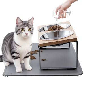 lot 10369 image: Elevated Cat Bowls with Food Mat,15°Tilted Stand Anti Vomiting Raised Cat Dishes for Food and Water, 2 Stainless Steel Bowls for Cats and Puppy