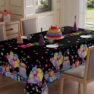 lot 10395 image: XCHI Happy Birthday Cake Gifts Colorful Balloons Black Tablecloth Rectangle Washable Table Covers for Indoor Outdoor Dining Table Home Party Decorations 60x120 Inch