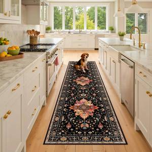 lot 10397 image: RELEANY Area Rugs 2x8 Washable Non-Slip, Floral Vintage Distress Print Pattern Medallion Carpet for Living Room Bedroom Dining Room, Black Colorful Floral Dark Tan