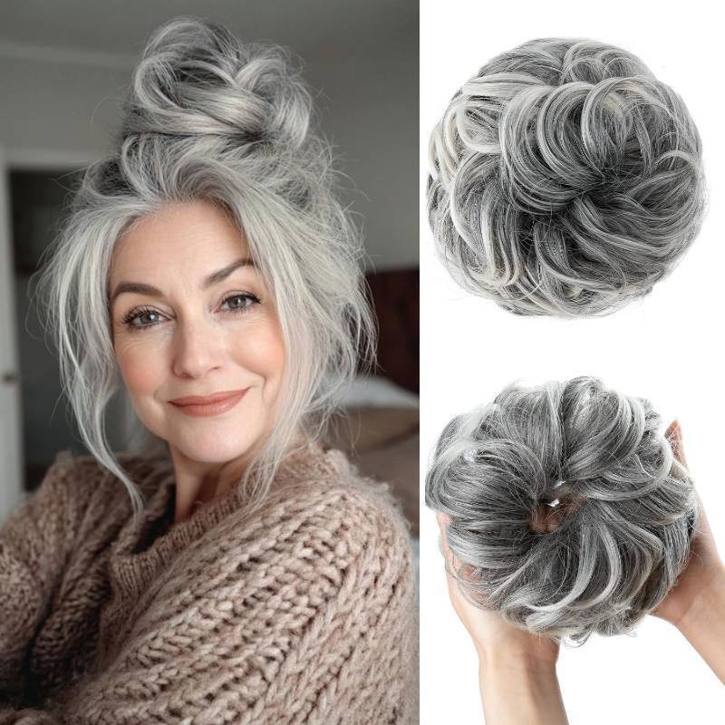 lot 24177 image: Large Messy Bun Hair Piece Wavy Curly Scrunchies Synthetic Chignon Ponytail Hair Extensions Thick Updo Hairpieces for Women Salt and Pepper - Retail $10