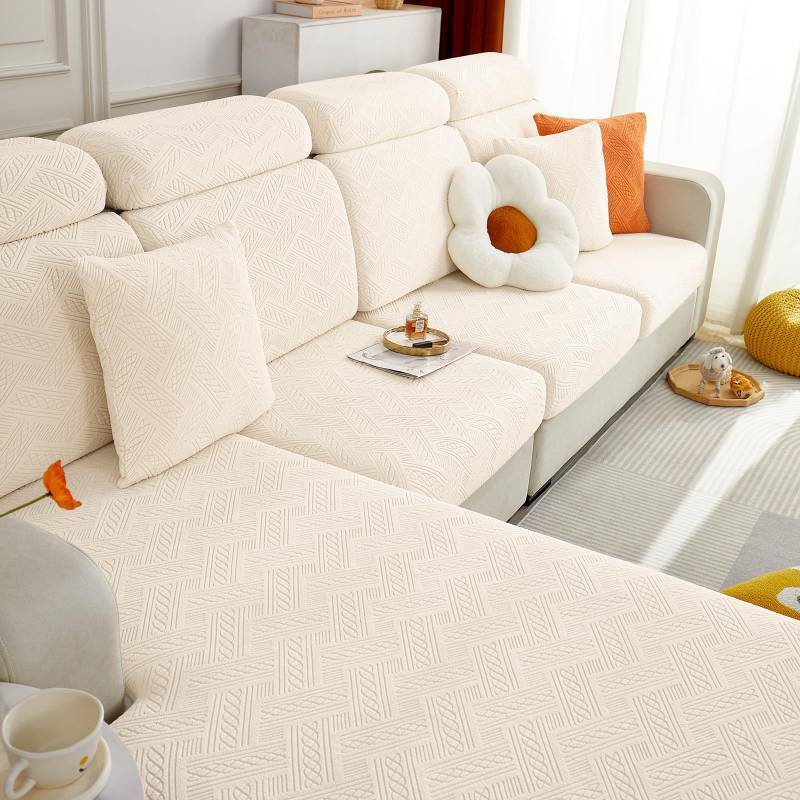 lot 24248 image: Individual Couch Cushion Covers, Stretch Magic Sofa Seat Cushion Covers Washable, Dog Couch Sofa Slipcover for Pets, Kid with Elastic Bottom(3PC, Beige) - Retail $31