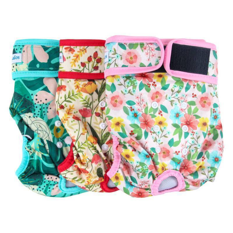 lot 24299 image: Reusable Washable Dog Diapers Female (3 Pack) - Highly Absorbent Doggie Diapers - Size Adjustable Puppy Diapers for Dog Period Panties (Small, Flora) - Retail $9