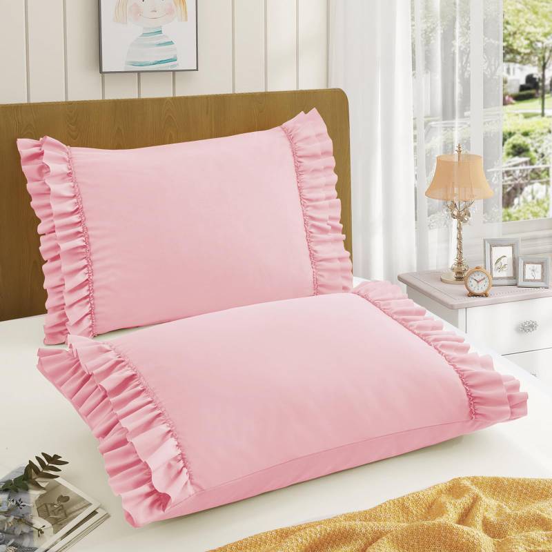 lot 34080 image: Ruffled Pillow Cases Set of 2, Standard Microfiber Pillowcases, Decorative Ruffle Pillow Covers with Envelope Closure, 20x26 Inches Pink Boho Pillow Shams - Retail $10