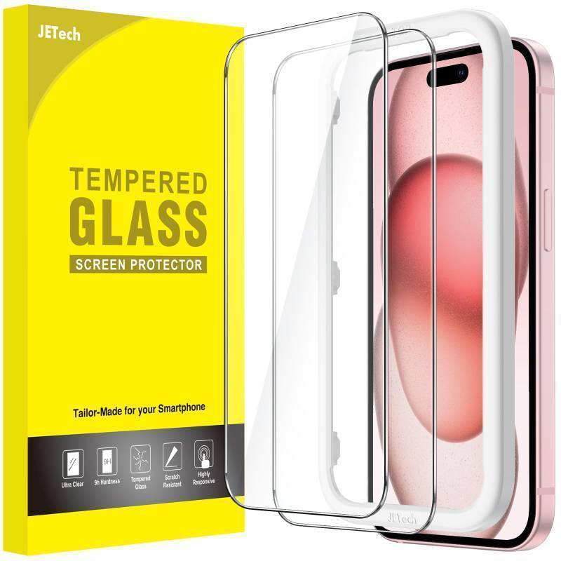 lot 34122 image: JETech Screen Protector for iPhone 15 6.1-Inch, Bubble Free, Tempered Glass Film with Easy Installation Tool, Case-Friendly, HD Clear, 2-Pack - Retail $6