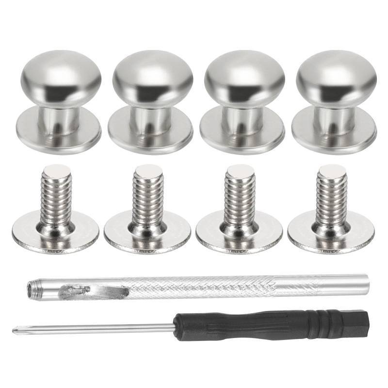 lot 34153 image: 9x8x6mm Spikes for Clothes, 30 Set Metal Button Spikes with Punch & Screwdriver Screw Kit Flat Head Rivets Screw DIY Leather Barrel Studs Hardware Trim Craft, Silver - Retail $6