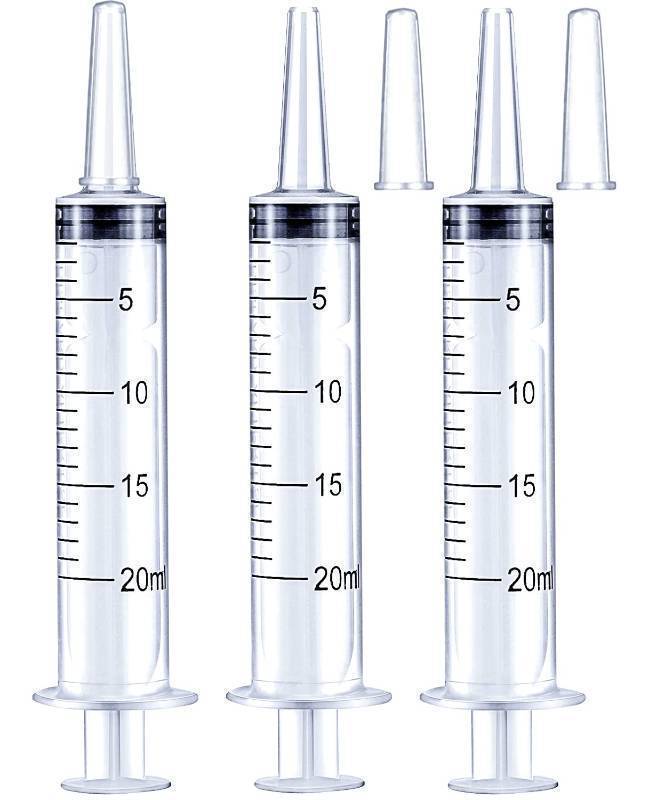 lot 34156 image: 20ml Syringe for Liquid, Oral, Scientific Labs, Measurement, Dispensing, with Cap- 3 Pack 20ml Syringes - Retail $5