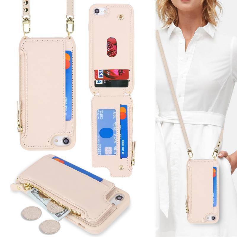 lot 53709 image: iPhone SE Case 20222020 & 87 Wallet Case with Card Holder, for iPhone 8 Phone Case with Strap, Crossbody Lanyard Zipper Pocket Cover-Cream - Retail $16