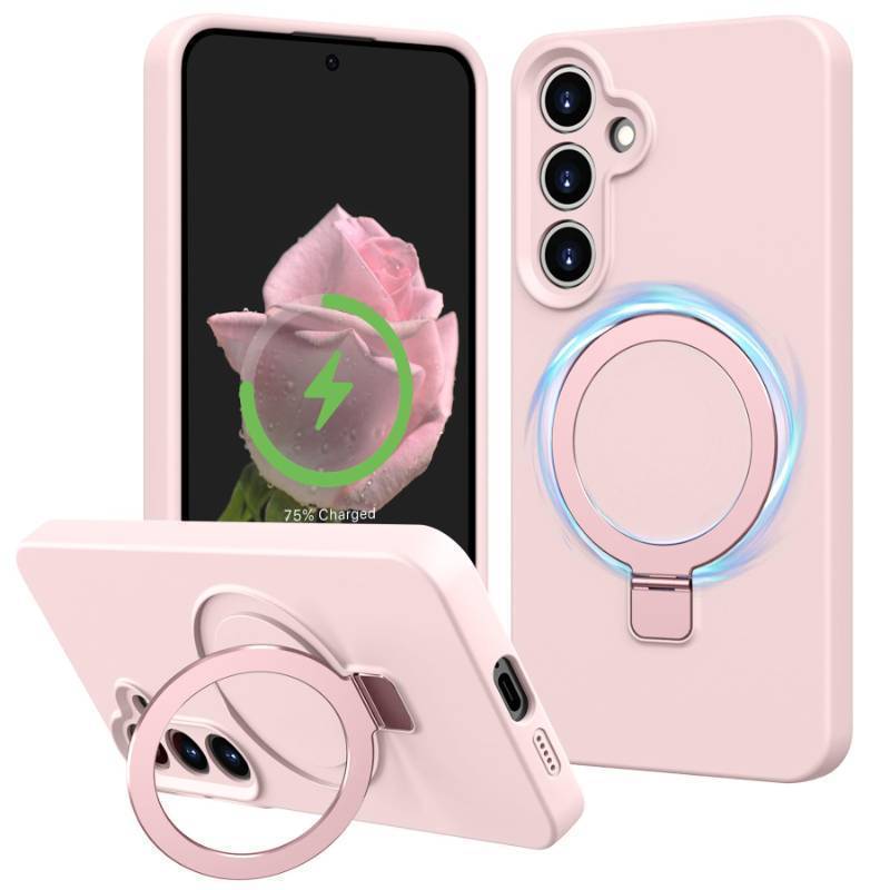 lot 53733 image: Compatible with Samsung Galaxy S24 Case with Stand, Full Camera Protection Liquid Silicone Case, MagSafe Compatible Magnetic Kickstand, Pink - Retail $30