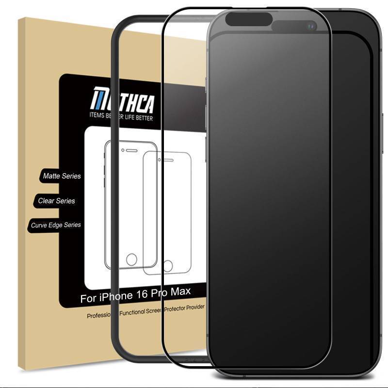 lot 53757 image: Matte Glass Full Coverage Screen Protector for iPhone 16 Pro Max 6.9-inch, Anti-Glare Anti-Fingerprint Black Edge Tempered Glass Film with Easy Installation Tool, Case Friendly, Smooth as Silk. 1 Pack. - Retail $10