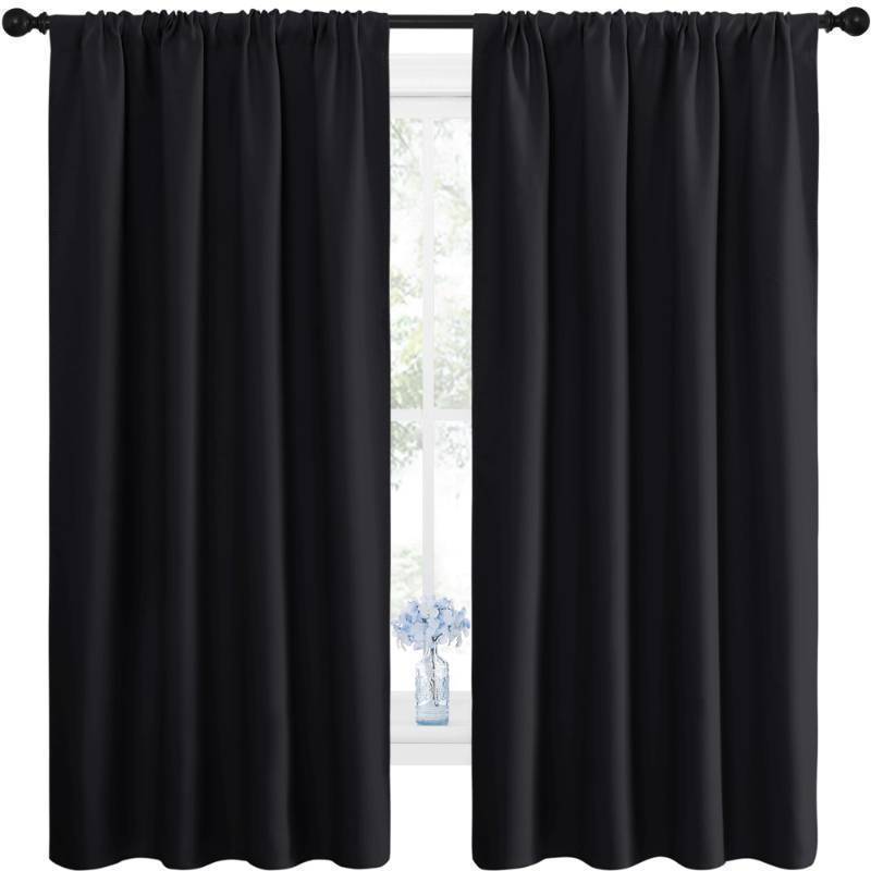 lot 71413 image: Black Blackout Curtain Blinds - Solid Thermal Insulated Window Treatment Blackout DrapesDraperies for Bedroom (2 Panels, 42 inches Wide by 63 inches Long, Black) - Retail $14