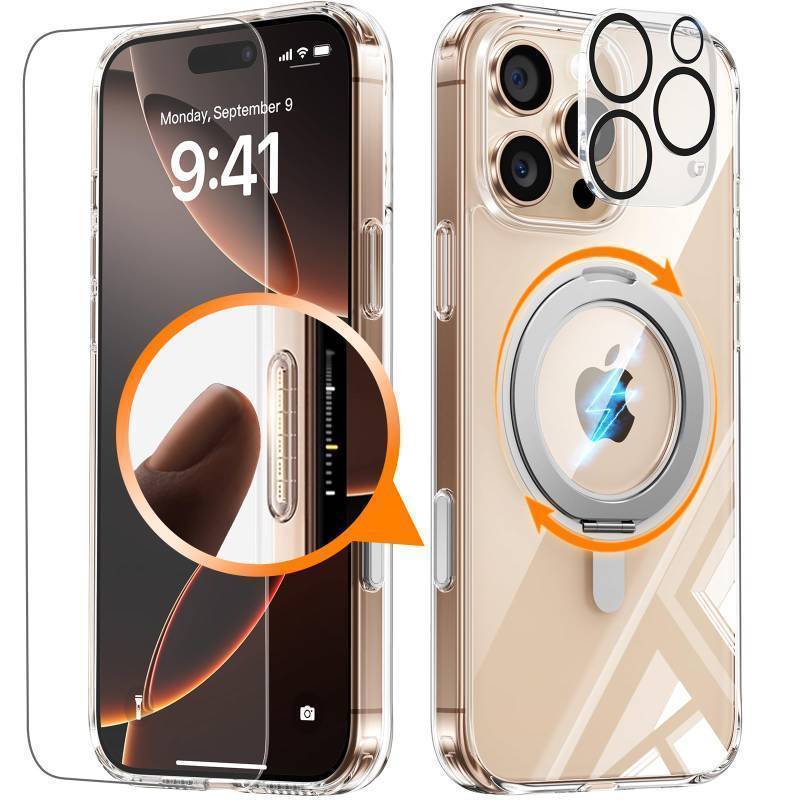 lot 14399 image: 3in1 for iPhone 16 Pro Max Case, with Sensitive Camera Control Capture Button Non-Yellowing 360° Rotatable Magnetic Ring Stand with Rotary Damping Sound Phone Cover 6.9, Clear - Retail $36