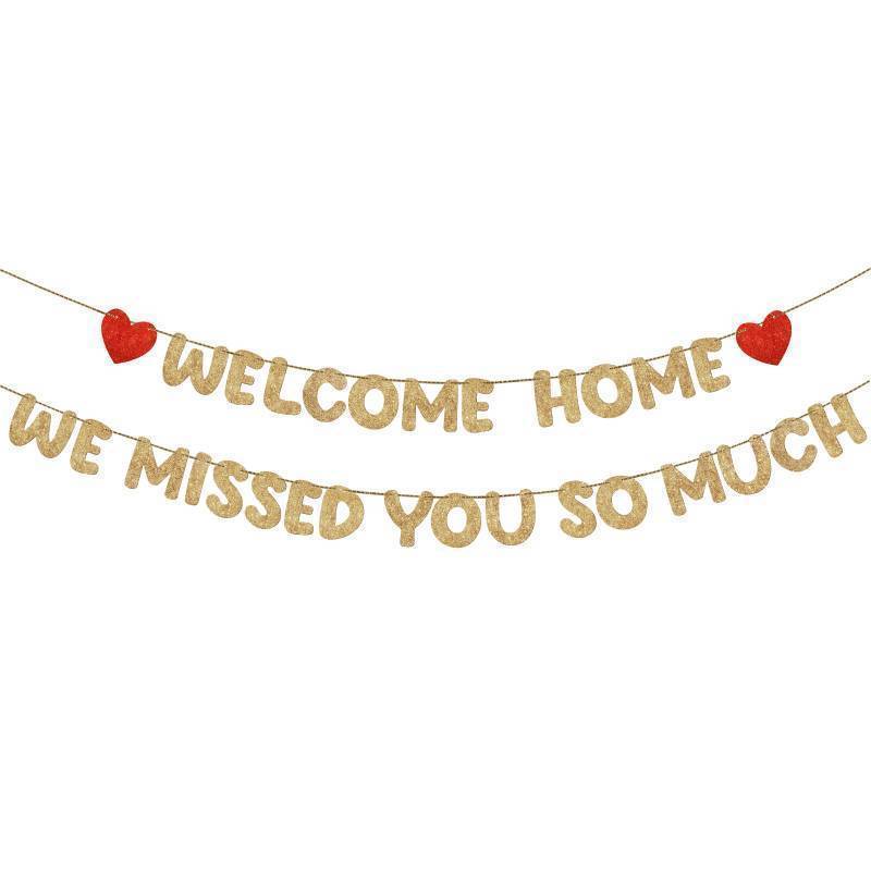 lot 24257 image: Pre Strung Welcome Home We Missed You So Much Banner Glitter Welcome Home Sign for Party Decorations Military Army Returning, Homecoming, Family(Champagne Gold, Red) - Retail $8