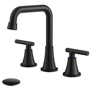 lot 24584 image: Bathroom Faucet 3 Hole, Matte Black Bathroom Sink Faucet with Drain Assembly and Supply Lines, Square Spout Widespread Bathroom Faucet for Vanity RV Outdoor - Retail $38