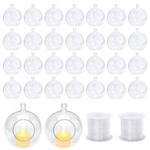 lot 24590 image: 30 Pcs Hanging Candle Holder Clear Plastic Terrarium Globe Hanging Tea Lights Candle Holder for Plants Wedding Christmas Party Centerpiece Decor, 260 Ft Fishing Line, 3.54 inch - Retail $26