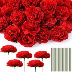 lot 24591 image: 100 Pcs Flowers Long Stem Artificial Rose, 3.2 Inches Silk Rose Head Flowers Fake for Wedding Bridal Bouquet Home Floral Decor DIY Centerpieces Arrangements Party Tables Decorations (Red) - Retail $33