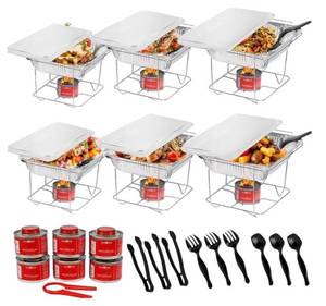 lot 24595 image: Disposable Chafing Dish Buffet Set, Half Size Pans, Welded Body Food Warmers for Parties, Fuel Cans Complete Set, Warming Trays