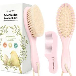 lot 24612 image: Baby Hair Brush and Comb Set for Newborn - Wooden Baby Hair Brush Set with Soft Goat Bristle, Baby Brush Set for Newborns, Baby Brush and Comb Set Girl, Boy, Toddler Cradle Cap Brush (Oval, Blush) - Retail $19