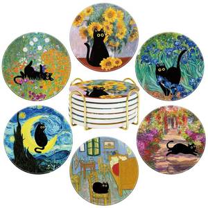lot 24616 image: 6Pcs Black Cat Painting Coaster Floral Animal Ceramic Coaster Cute Flower Absorbent Cup Mat for Spring Home Kitchen Party Table Decor - Retail $18
