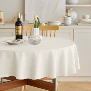 lot 24620 image: Waterproof Faux Linen Tablecloth for Round Dining Table, Decorative Fabric Rustic Tablecloth Cover for Holiday, Banquet, Outdoor & Kitchen Table(60 Inch, Round (2-4 Seats), Ivory) - Retail $16