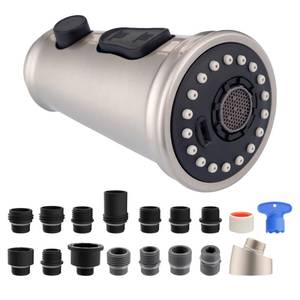 lot 24636 image: Pull Down Kitchen Faucet Head Replacement, NSFANSICAN 61 & CUPC Certified 3-Function Sink Spray Nozzle with 15 Adapters, Compatible with Moen, Delta, Kohler Faucets-Brushed Nickel - Retail $25