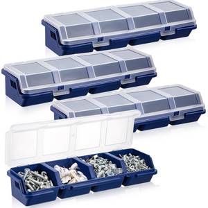lot 24640 image: 4 Pcs Screw Organizer Box with Lid 4 Compartments Tool Bin Divider Plastic Stackable Hardware Organizer Small Part Storage Sorting Screw Box for Garage Workbench Craft Storage (Blue) - Retail $23