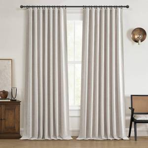 lot 24641 image: Black Out 96 Inch Long Boho Curtains 2 Panel Set, Farmhouse Curtains for Living Room DarkeningThermalNoise Reduction Textured Flax Linen Drape 8ft Hook&Ring Included Birch Off White 50x96 - Retail $40