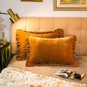 lot 24644 image: Velvet Pillow Shams Set of 2 Retro Ruffle Flounces Trim Soft Decorative Luxurious Solid Olive Green Farmhouse Vintage Pillow Cases for Bedroom Decor (King 20x36 inches, Golden Camel) - Retail $40