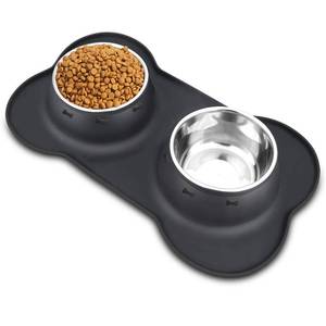 lot 24652 image: Dog Food Bowls Stainless Steel Pet Bowls & Dog Water Bowls No Spill Non Skid, Feeding Bowls with Dog Bowls Silicone Mat for Small Medium Large Size Dogs, Cat Pet Dog Dishes Set, Black, 3 Cup - Retail $22