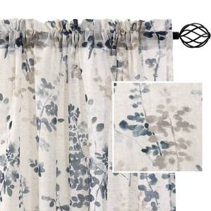 lot 24657 image: Linen Sheer Curtains for Living Room Curtains 63 Inches Long Light Filtering Rod Pocket Window Sheer Linen Curtains for Bedroom, 2 Panels, Classical Floral Printing Bluestone and Taupe - Retail $26