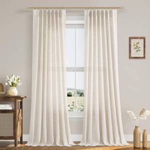 lot 24658 image: Pinch Pleated 90 Inch Curtains 2 Panels for Living Room Cream Beige Linen Curtains 90 Inches Long Pinch Pleat Drapes for Track System Light Filtering Semi Sheer Curtain for Dining Bedroom Office - Retail $49