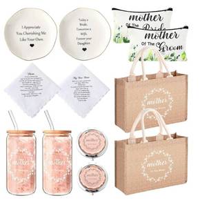 lot 24665 image: Mother of the Bride and Mother of the Groom Gifts Set 16oz Glass Cups Jute Tote Bags Cosmetic Bags Mirror Handkerchief Jewelry Dish Wedding Gifts of Bride and Groom - Retail $35