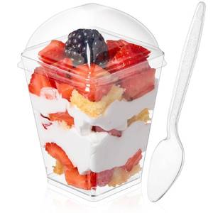 lot 24666 image: 5oz Plastic Dessert Cups with Dome Lids and Spoons, 50 Pack Mini Clear Parfait Cups Square Party Serving Cup for Pudding, Appetizer, Fruit and Ice Cream.  APPEARS THAT SOME LIDS ARE MISSING. - Retail $13