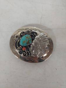 lot 3436 image: Native American Turquoise  Coral Belt Buckle